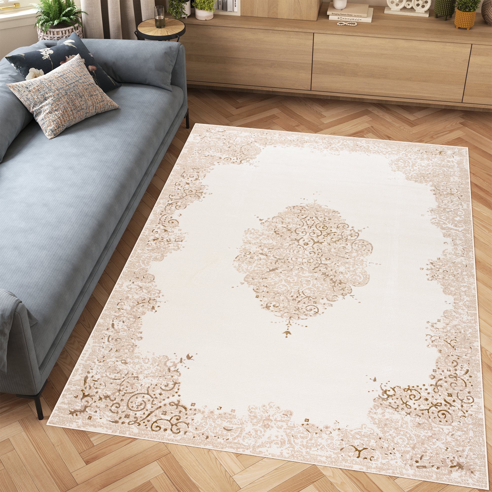 Alfombra Clásica Piso Corto Beige Crema Brillante Floral Borde Salón ÖKOTEX - Imagen 21 de 30