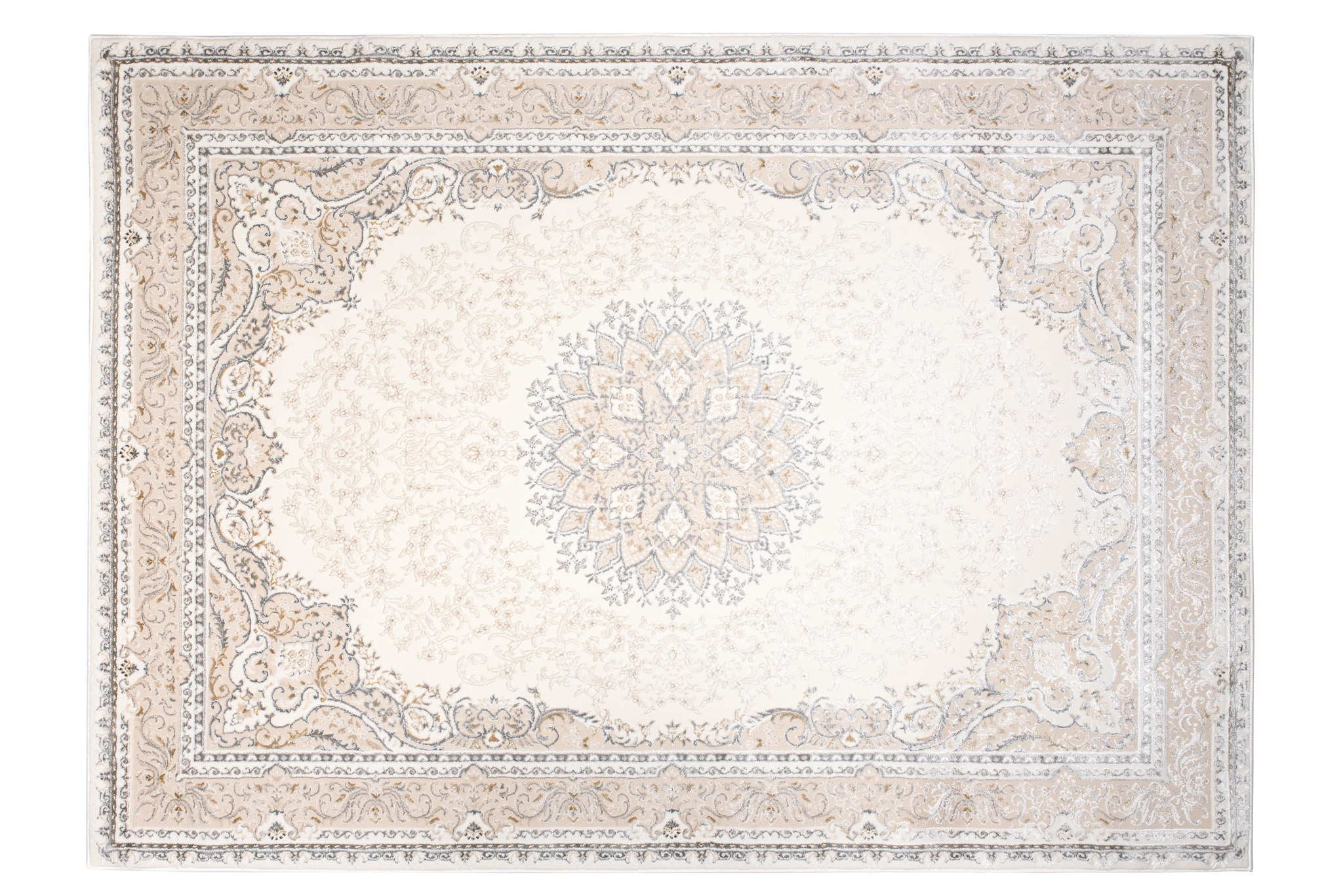 Alfombra clásica pelo corto beige azul flores adornos aspecto 3D salón - Imagen 11 de 41