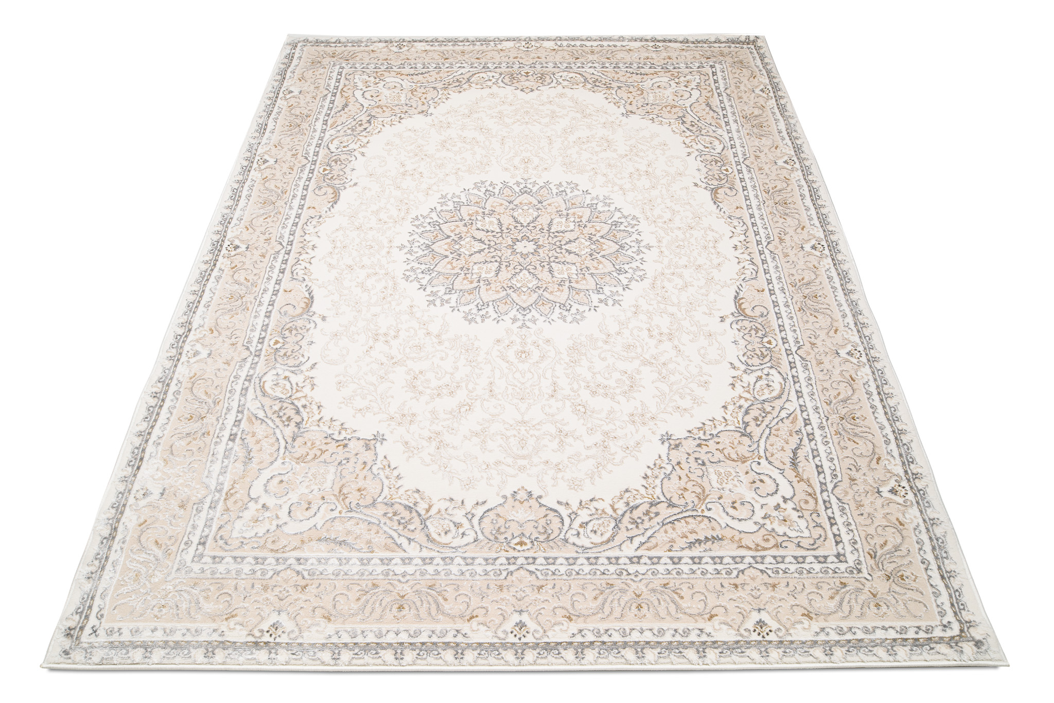 Alfombra clásica pelo corto beige azul flores adornos aspecto 3D salón - Imagen 9 de 41