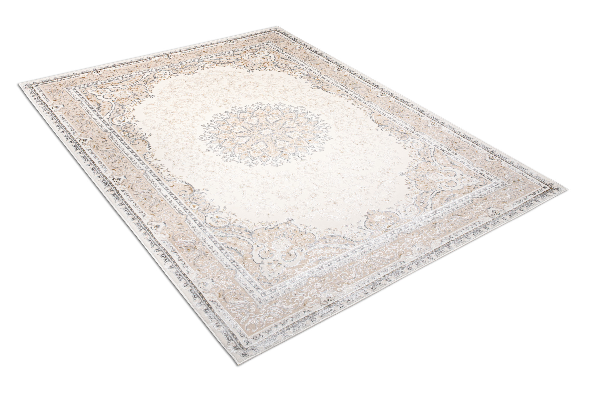 Alfombra clásica pelo corto beige azul flores adornos aspecto 3D salón - Imagen 10 de 41