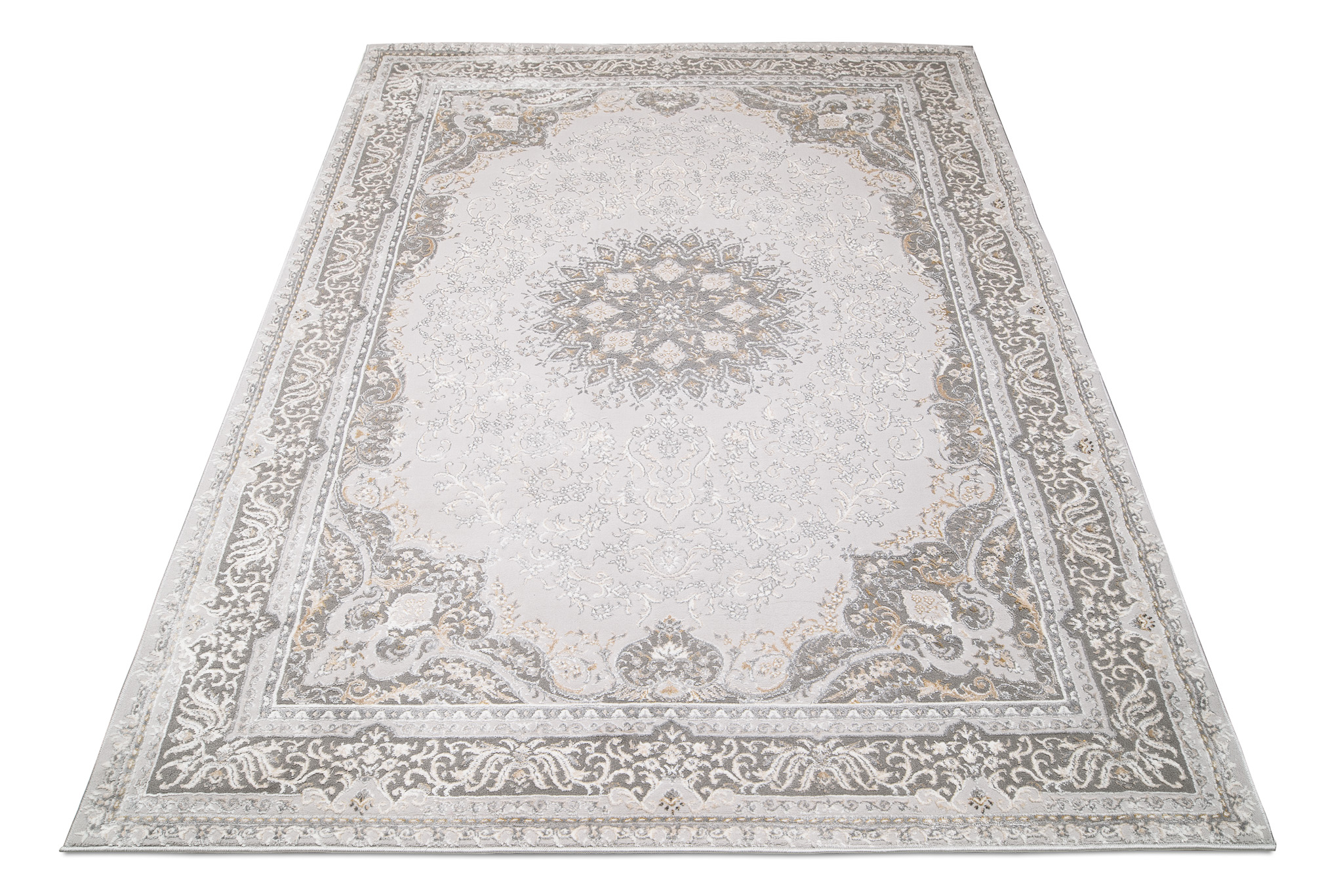 Alfombra clásica de pelo corto flores grisáceas adornos aspecto 3D salón ECOTEX - Imagen 9 de 31