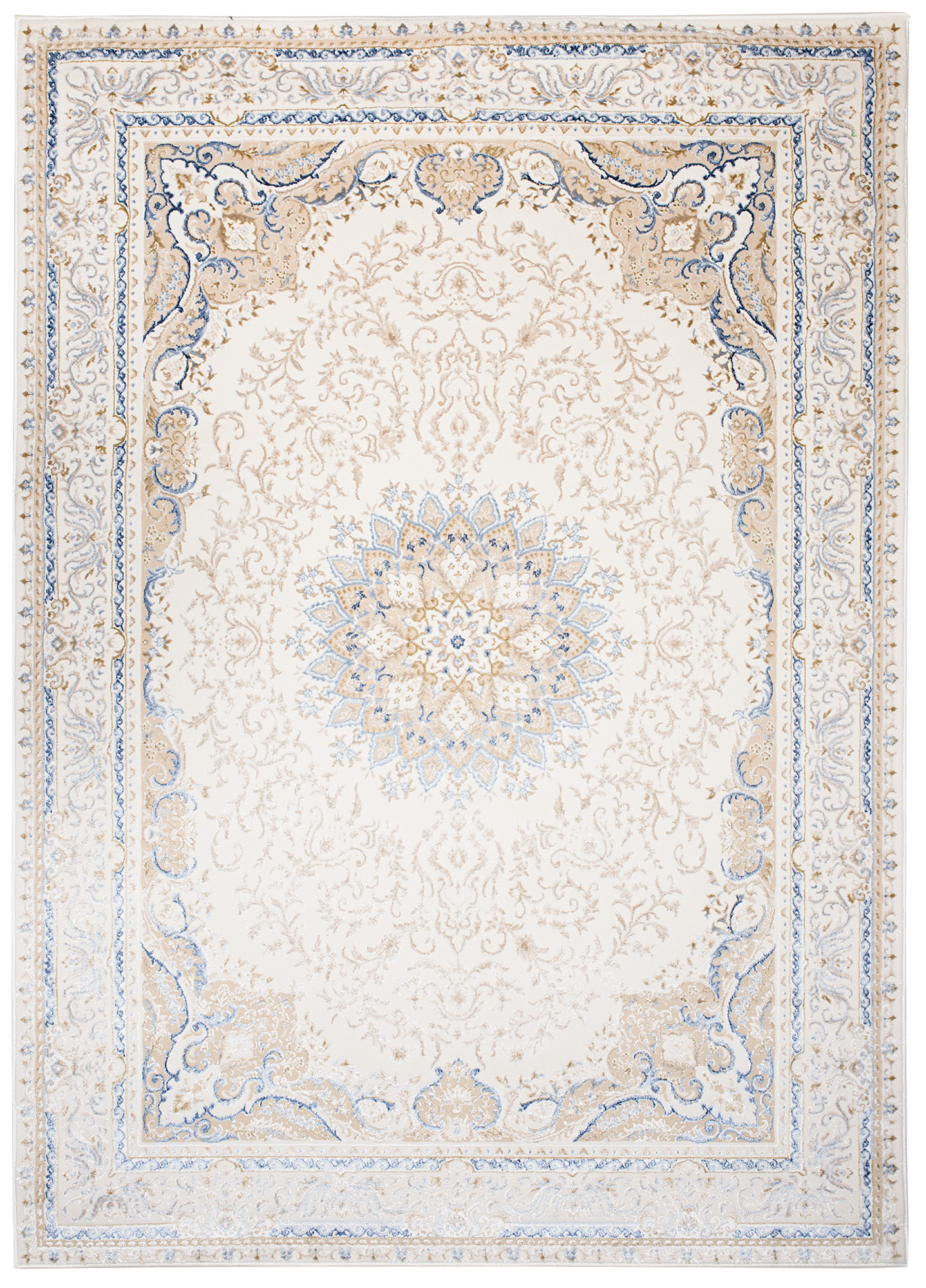Alfombra clásica pelo corto beige azul flores adornos aspecto 3D salón - Imagen 13 de 41