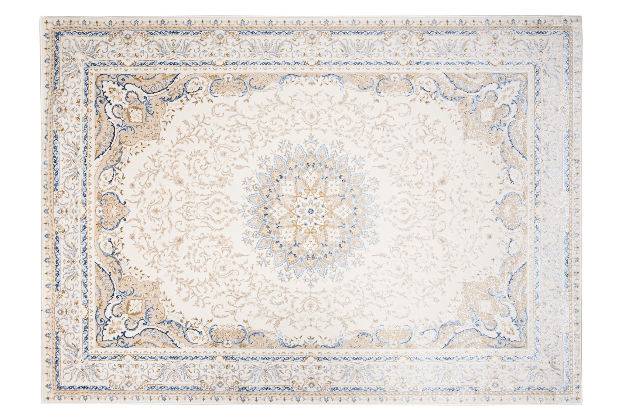 Alfombra clásica pelo corto beige azul flores adornos aspecto 3D salón - Imagen 21 de 41