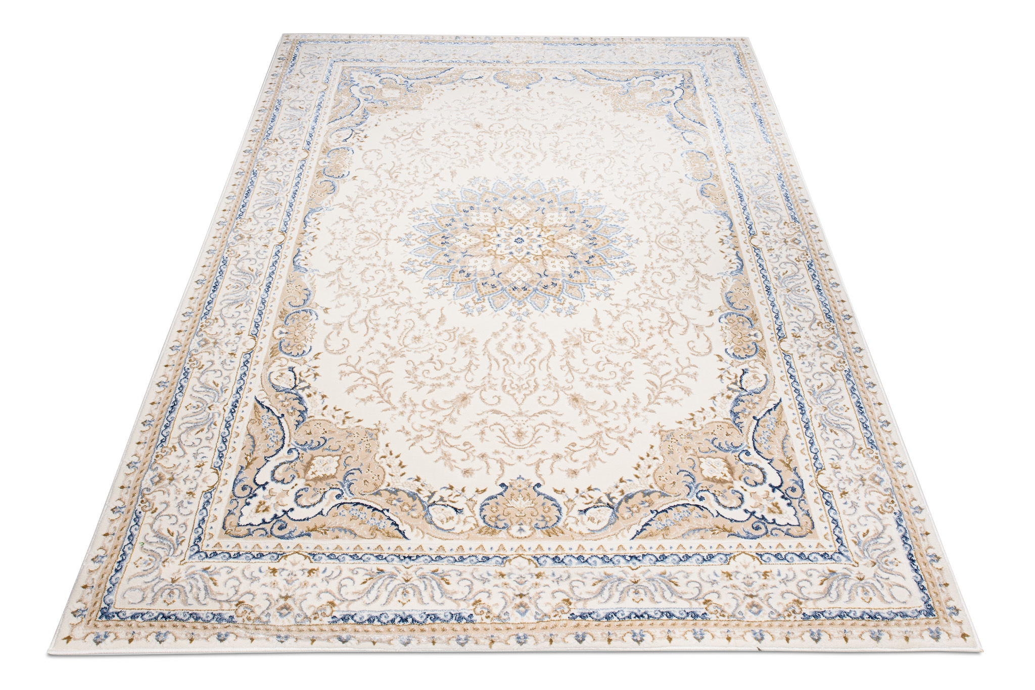 Alfombra clásica pelo corto beige azul flores adornos aspecto 3D salón - Imagen 19 de 41