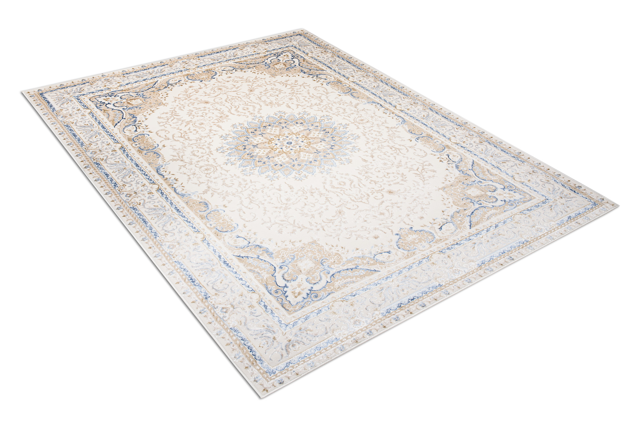 Alfombra clásica pelo corto beige azul flores adornos aspecto 3D salón - Imagen 20 de 41