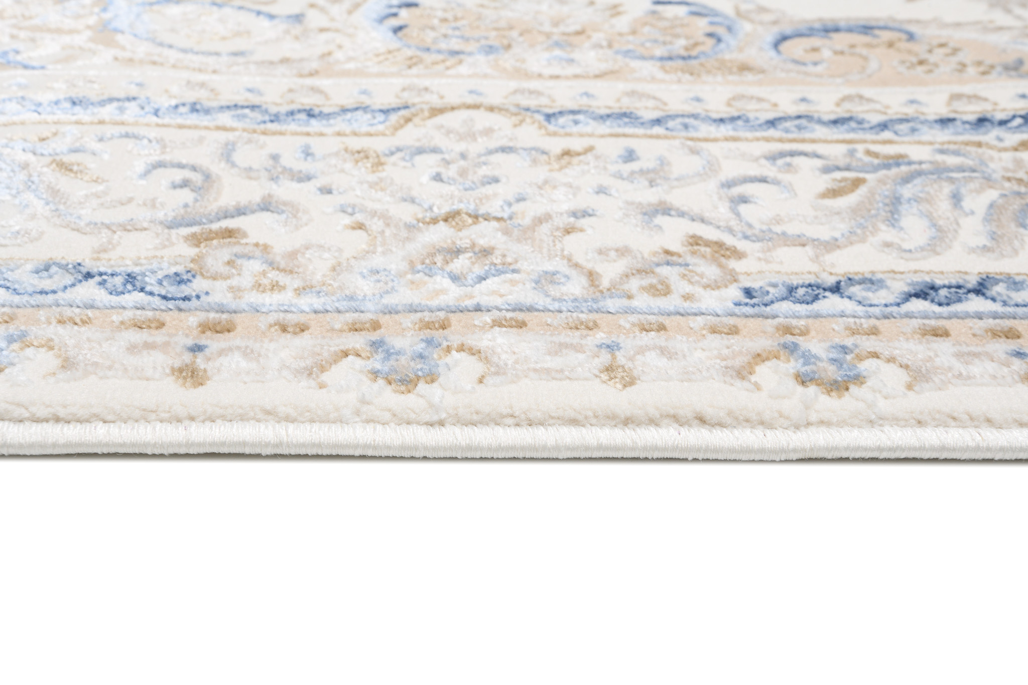 Alfombra clásica pelo corto beige azul flores adornos aspecto 3D salón - Imagen 16 de 41
