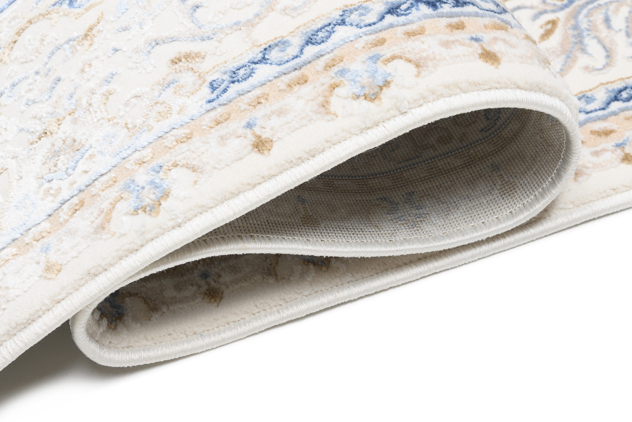 Alfombra clásica pelo corto beige azul flores adornos aspecto 3D salón - Imagen 15 de 41