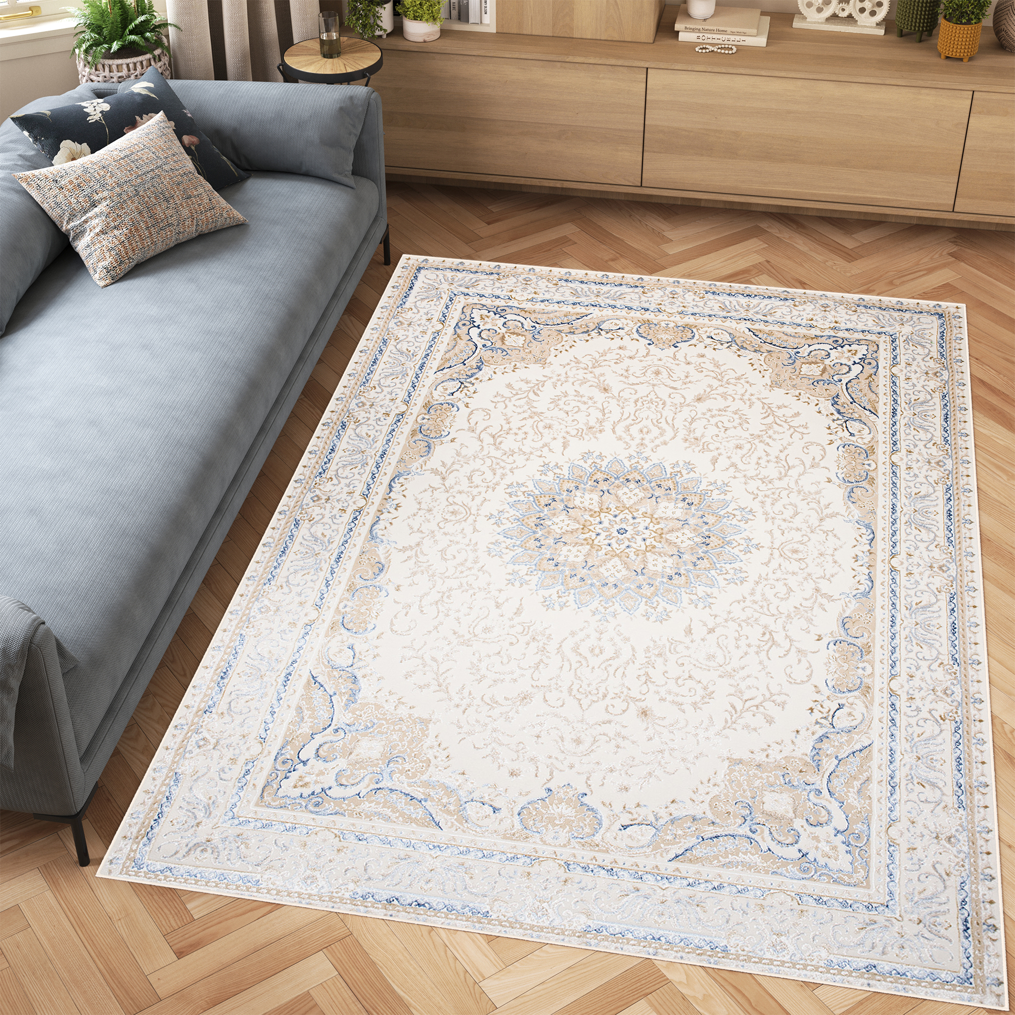 Alfombra clásica pelo corto beige azul flores adornos aspecto 3D salón - Imagen 12 de 41