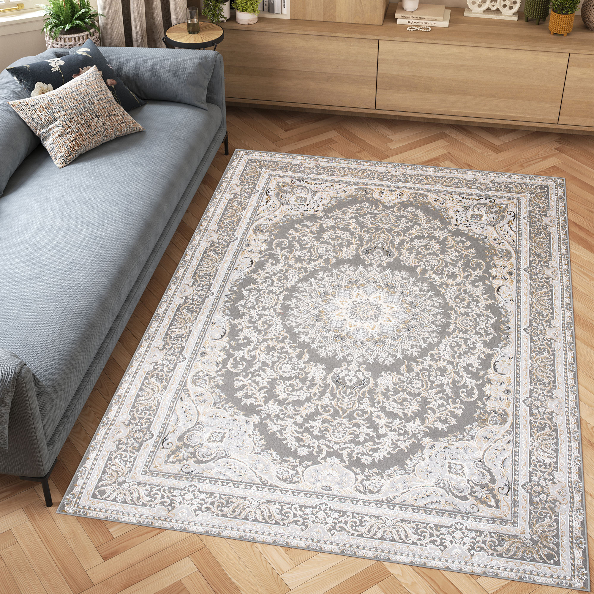 Alfombra clásica de pelo corto flores grisáceas adornos aspecto 3D salón ECOTEX - Imagen 12 de 31