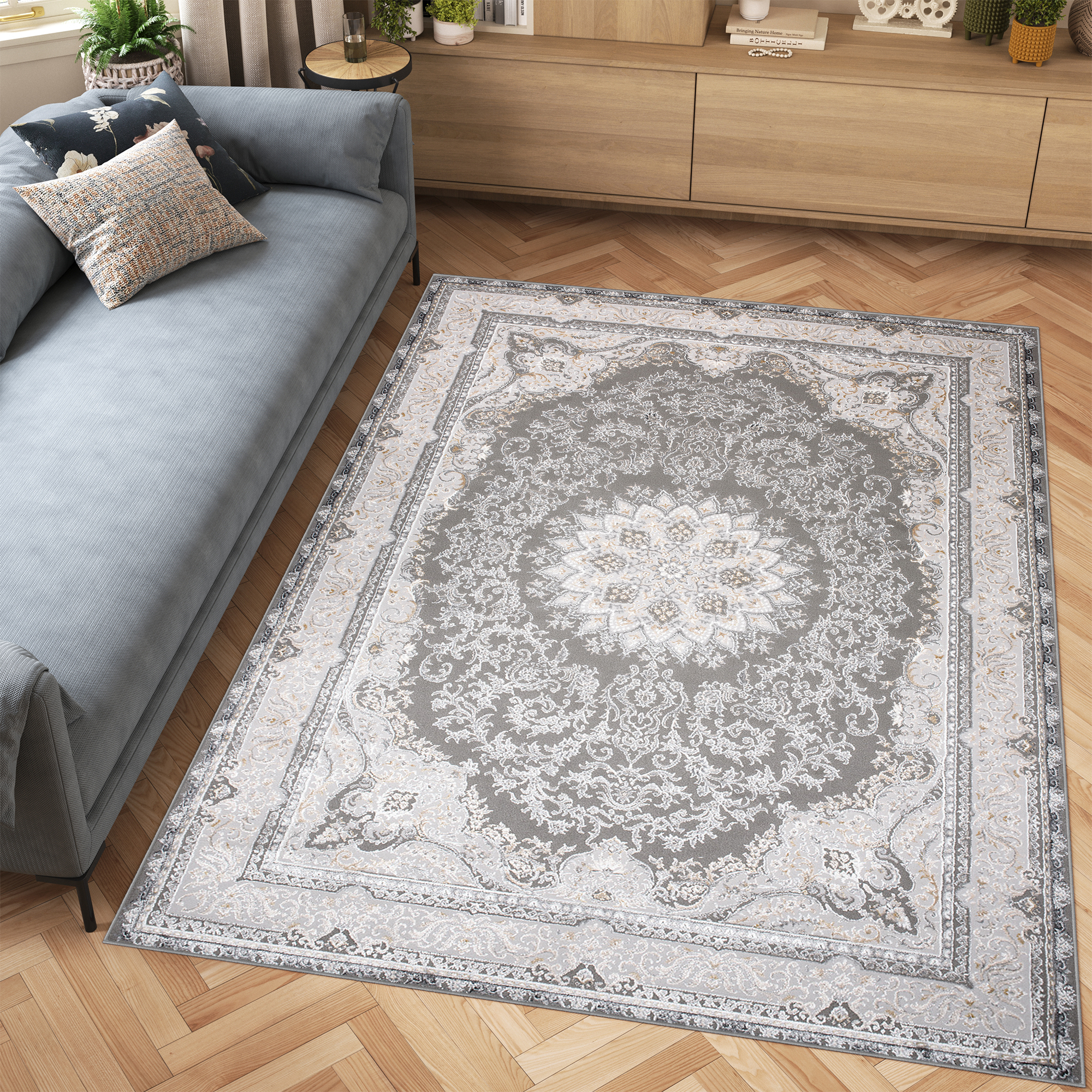 Alfombra clásica de pelo corto flores grisáceas adornos aspecto 3D salón ECOTEX - Imagen 22 de 31