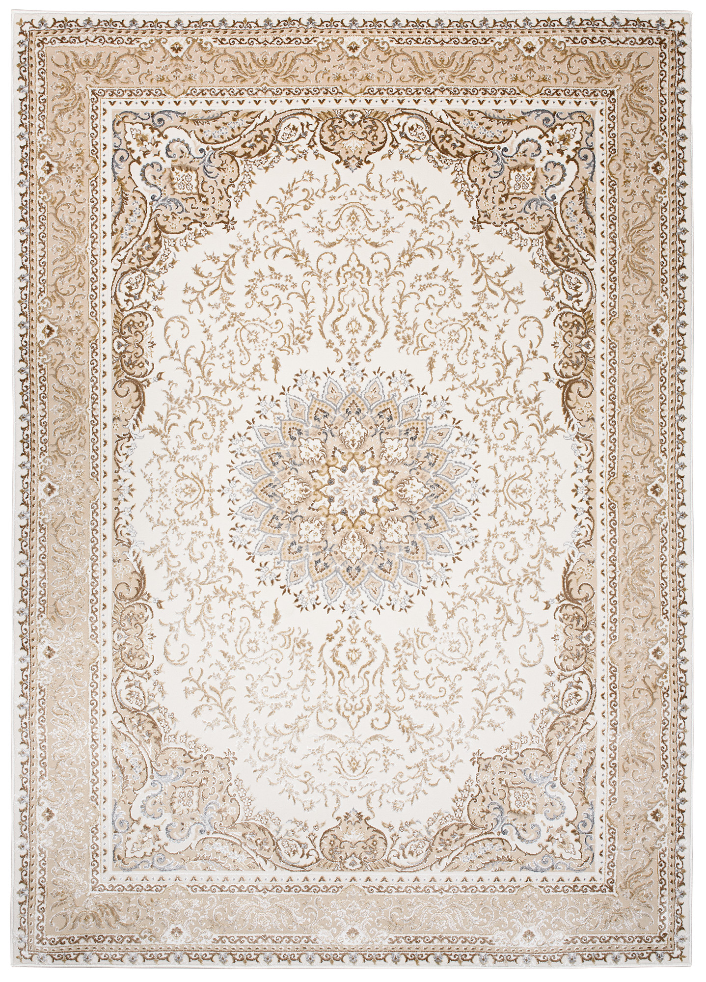 Alfombra clásica pelo corto beige azul flores adornos aspecto 3D salón - Imagen 23 de 41