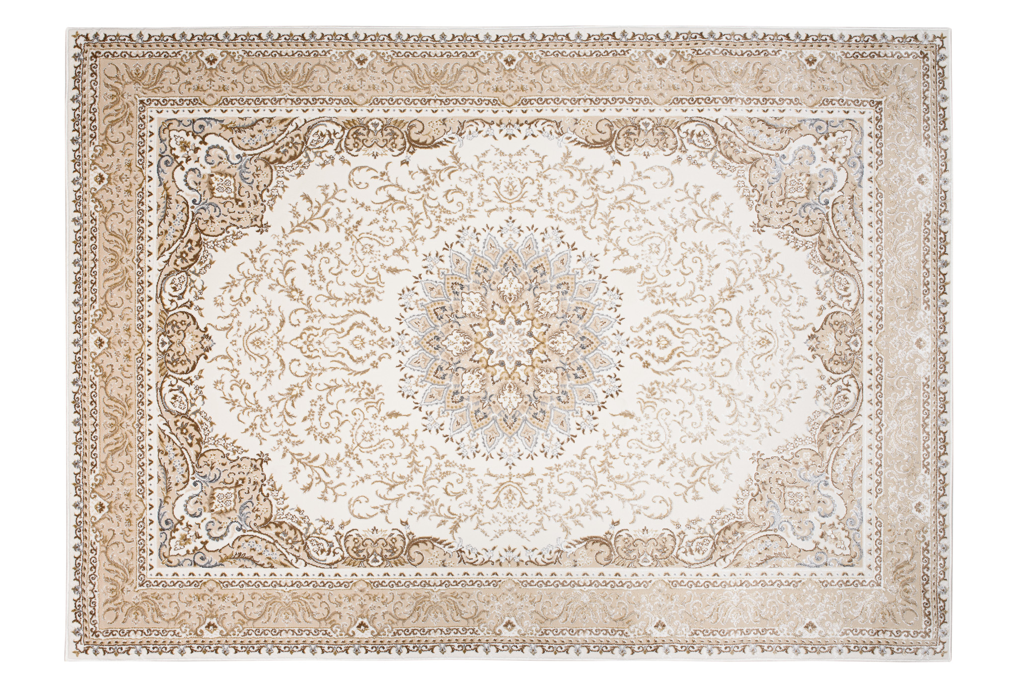 Alfombra clásica pelo corto beige azul flores adornos aspecto 3D salón - Imagen 31 de 41
