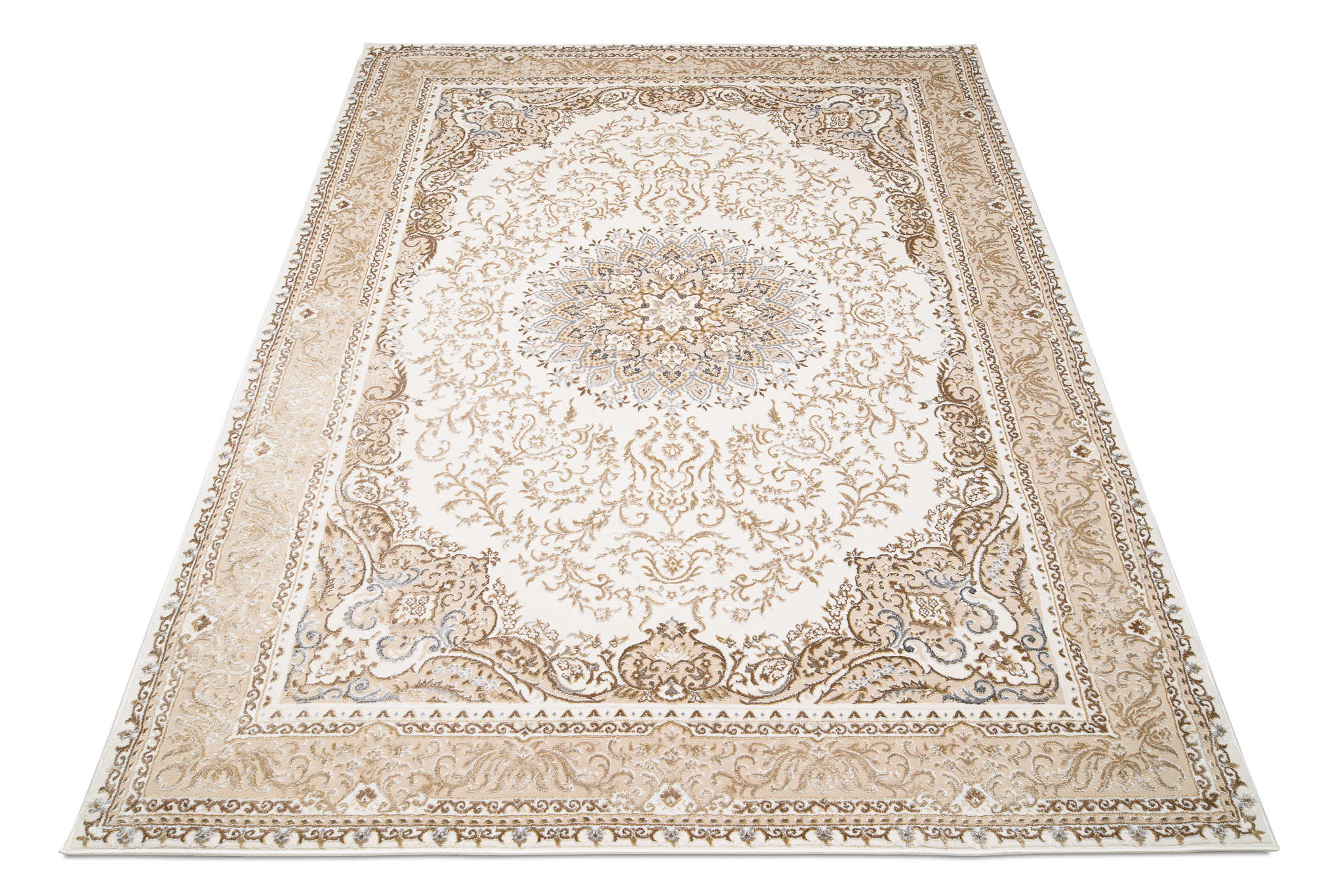 Alfombra clásica pelo corto beige azul flores adornos aspecto 3D salón - Imagen 29 de 41