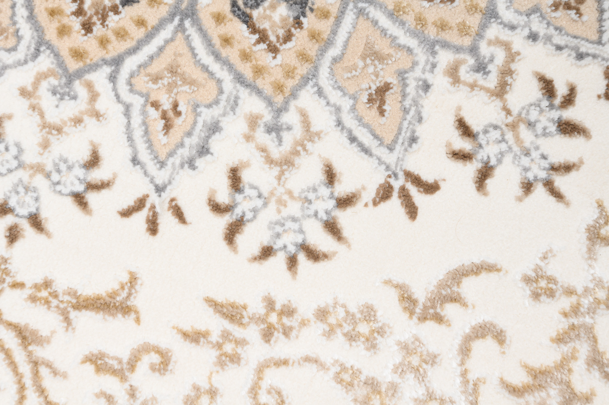 Alfombra clásica pelo corto beige azul flores adornos aspecto 3D salón - Imagen 24 de 41