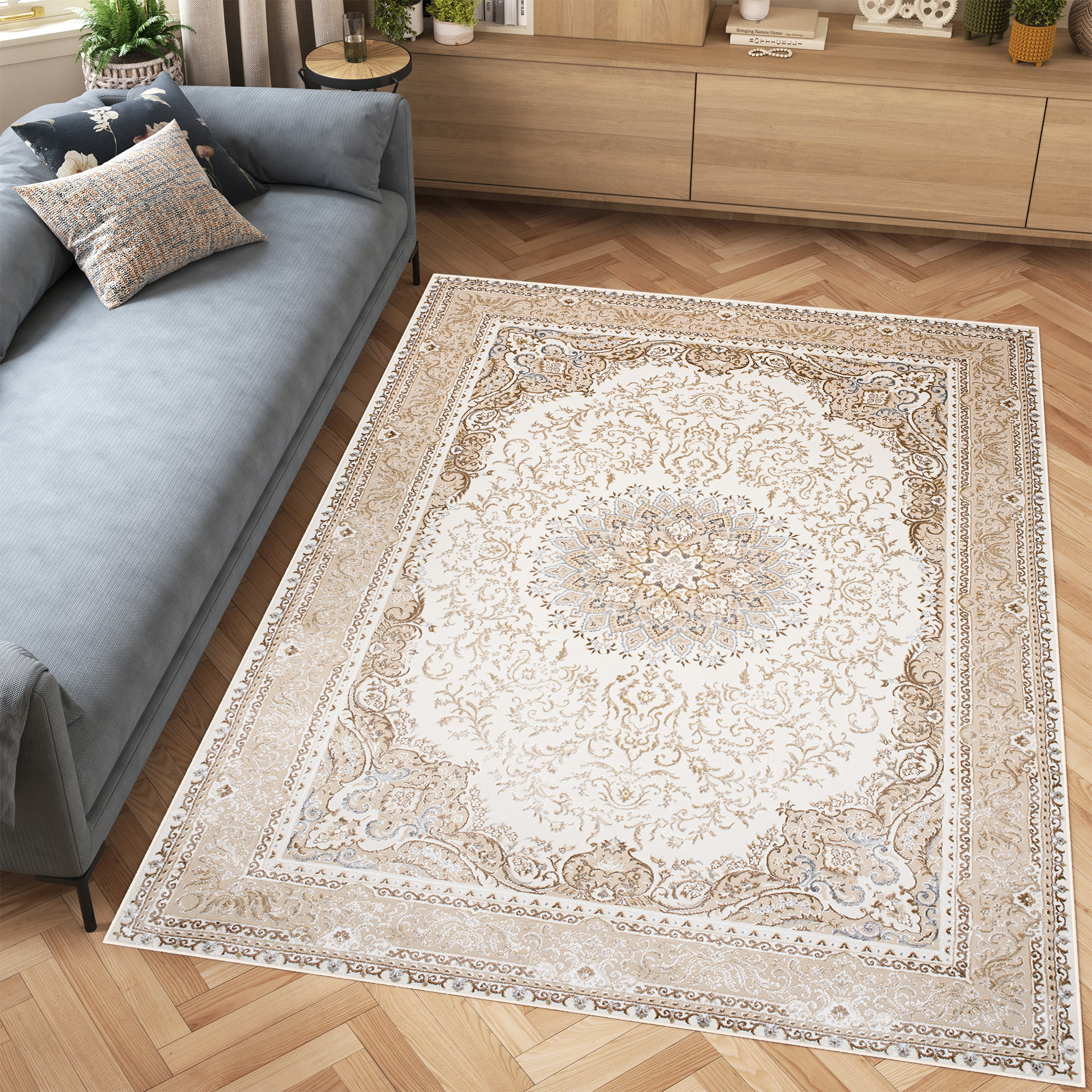 Alfombra clásica pelo corto beige azul flores adornos aspecto 3D salón - Imagen 22 de 41
