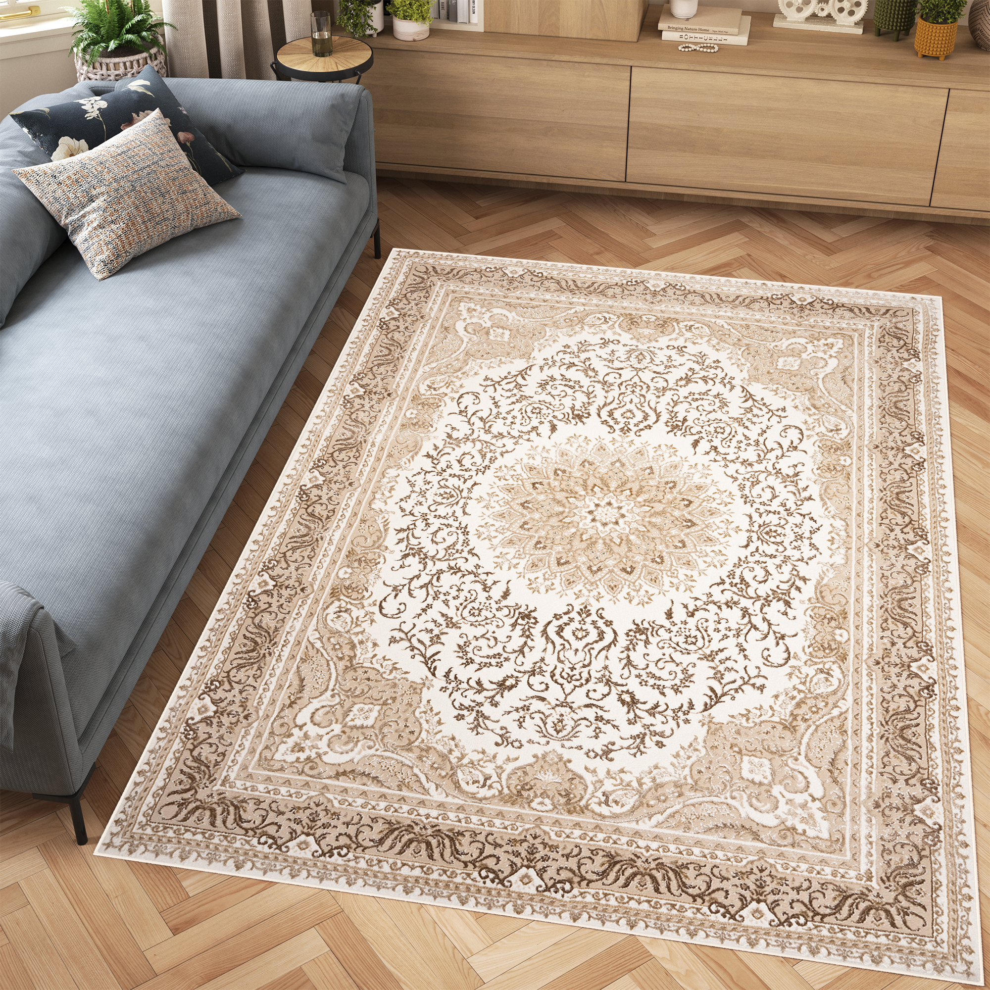 Alfombra clásica pelo corto beige azul flores adornos aspecto 3D salón - Imagen 32 de 41