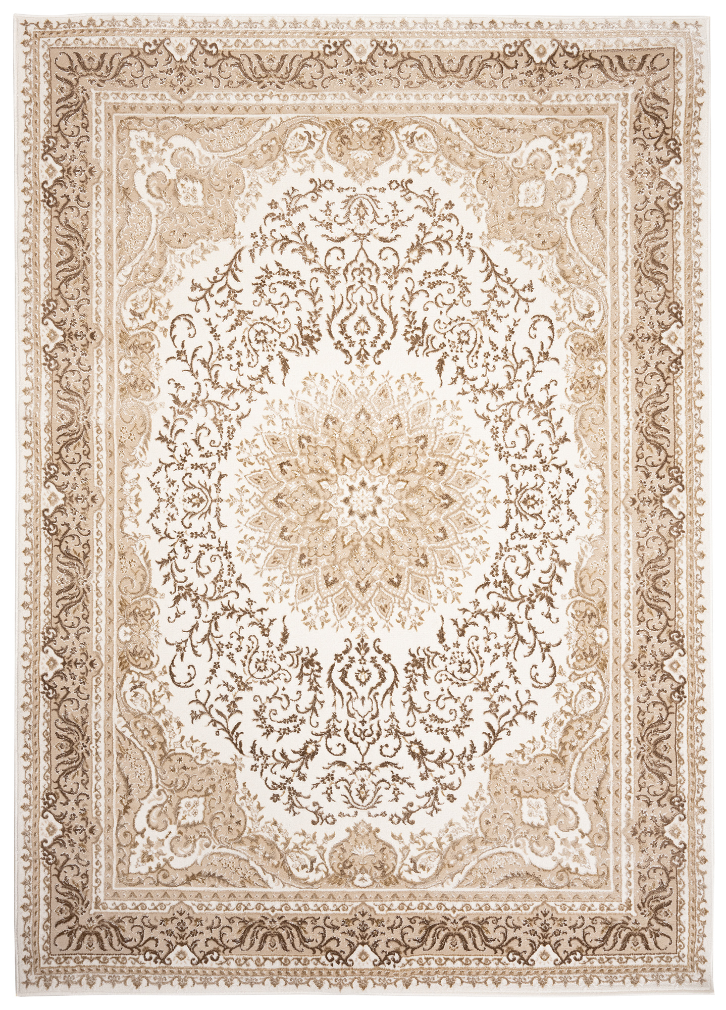 Alfombra clásica pelo corto beige azul flores adornos aspecto 3D salón - Imagen 33 de 41