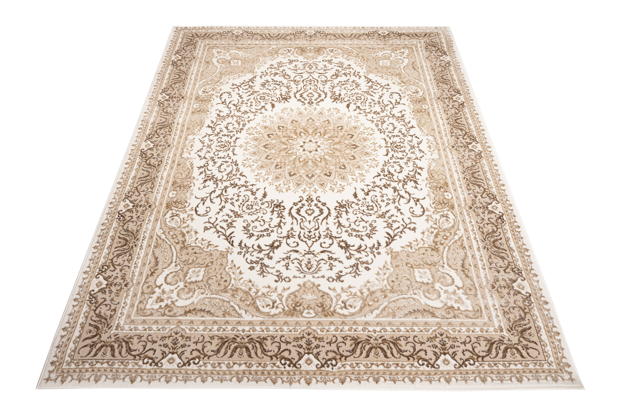 Alfombra clásica pelo corto beige azul flores adornos aspecto 3D salón - Imagen 39 de 41