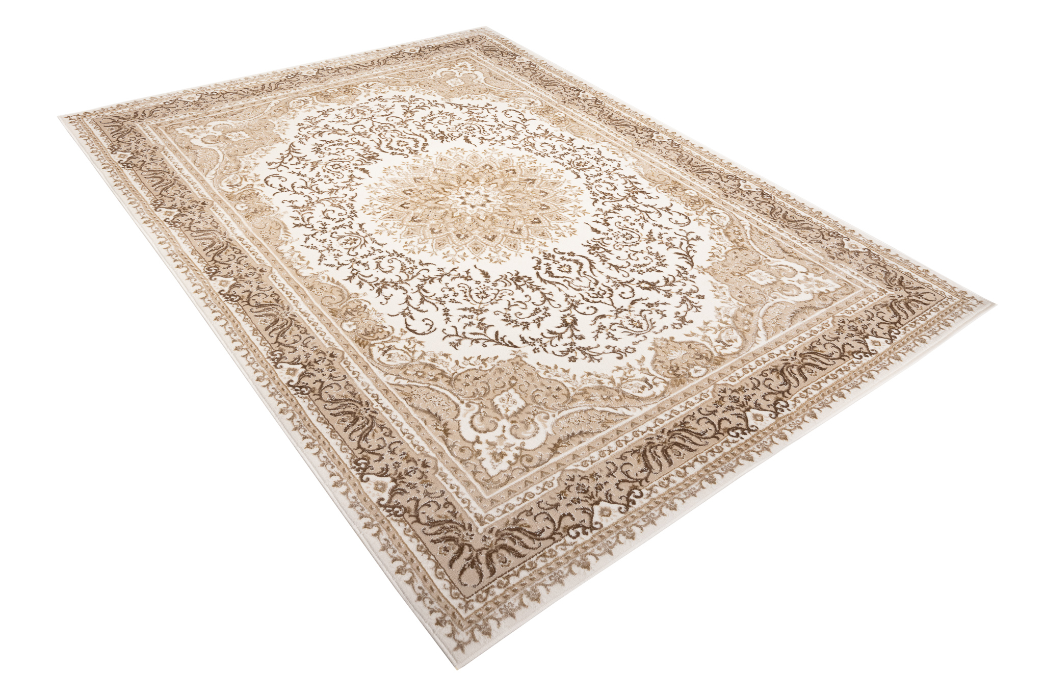 Alfombra clásica pelo corto beige azul flores adornos aspecto 3D salón - Imagen 40 de 41