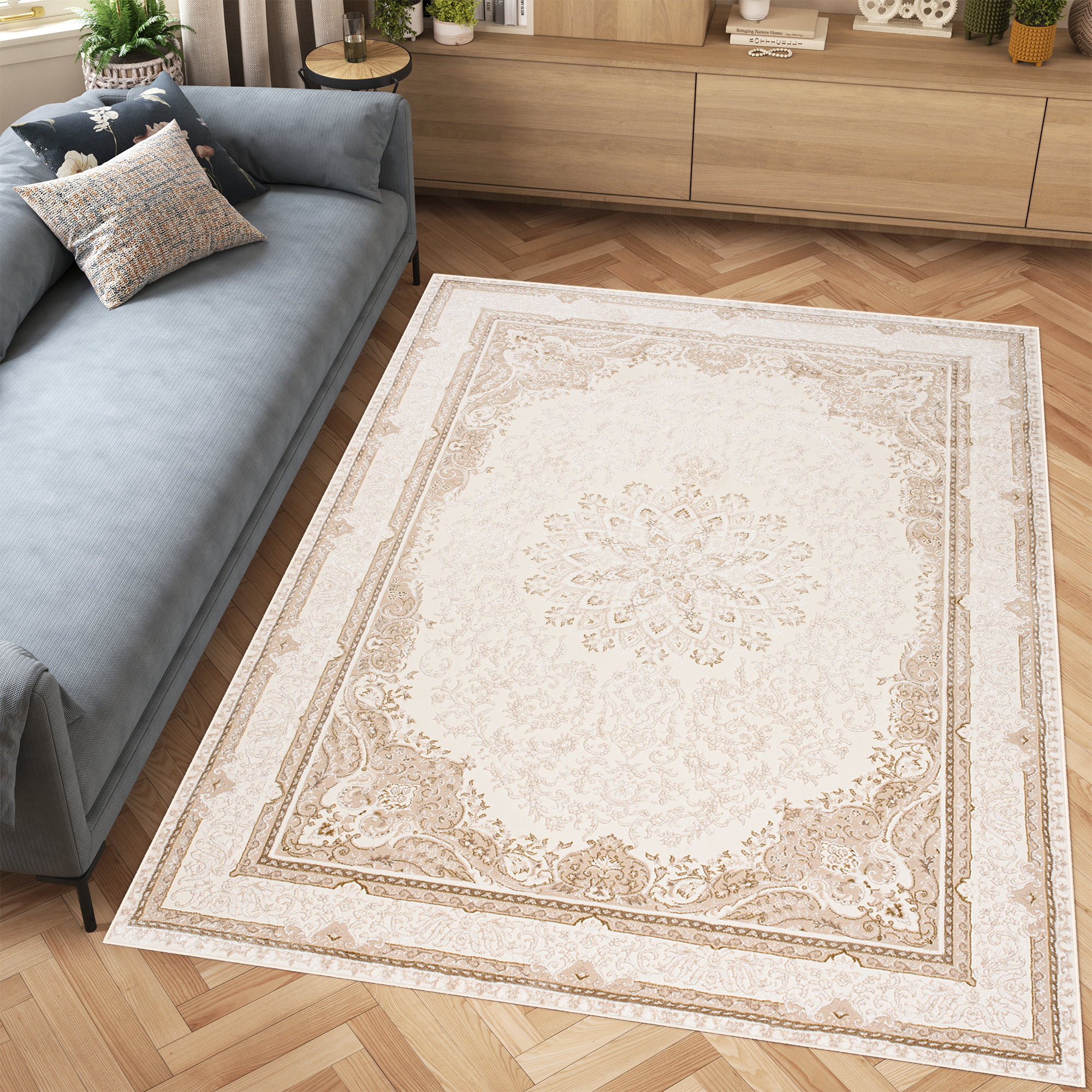 Alfombra Clásica Piso Corto Beige Crema Brillante Floral Borde Salón ÖKOTEX - Imagen 11 de 30
