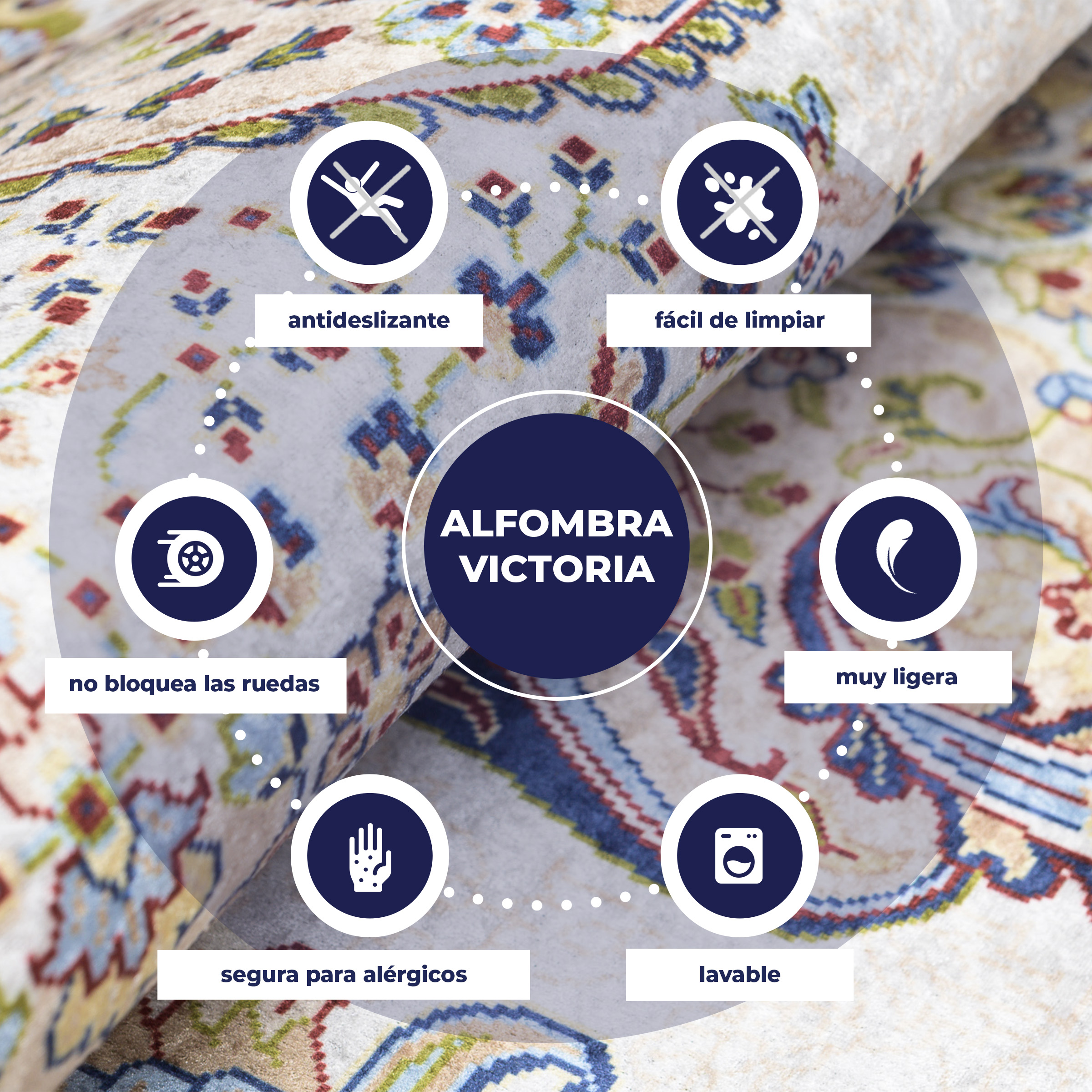 Alfombra clásica salón dormitorio borde patrón floral lavable - Imagen 8 de 13