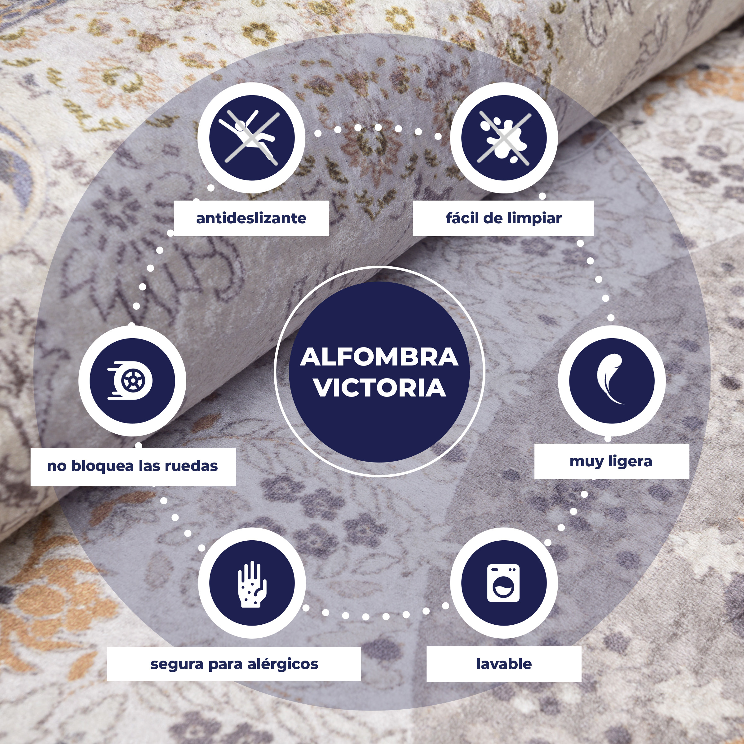 Alfombra clásica salón flecos borde roseta lavable antideslizante - Imagen 8 de 13