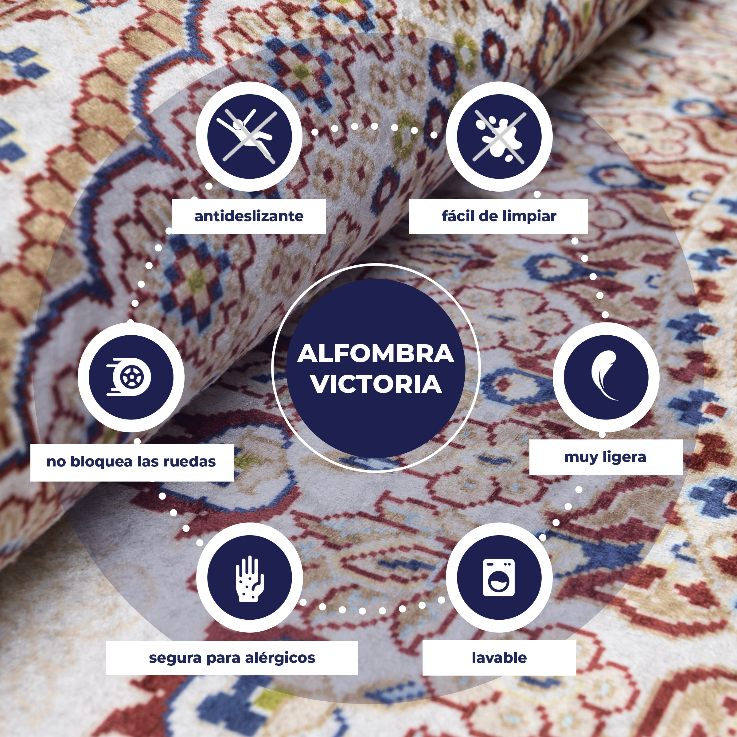Alfombra clásica flecos estampados borde lavable antideslizante salón - Imagen 8 de 13