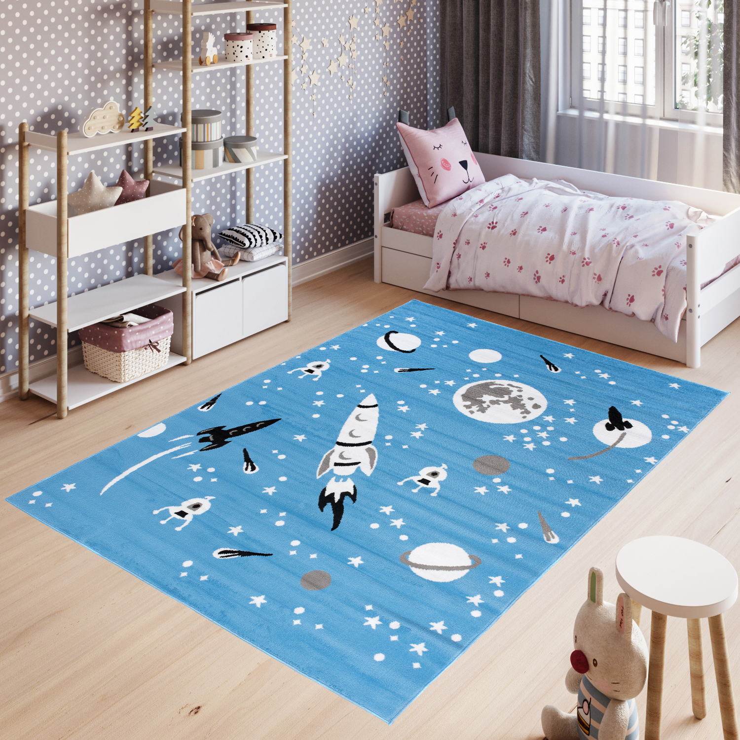 Alfombra infantil de pelo corto espacio patrón cohetes azul gris habitación infantil guardería - Imagen 2 de 9