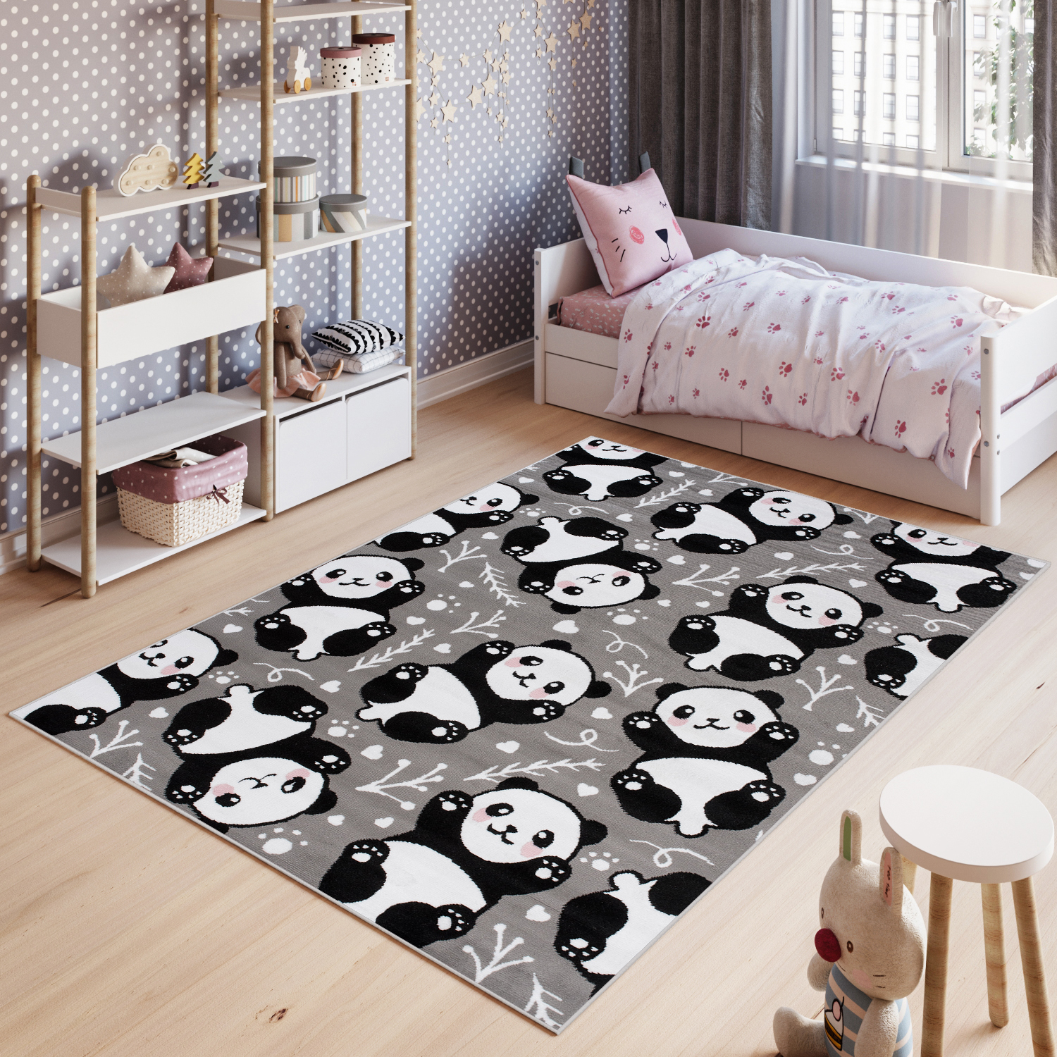 Alfombra infantil de pelo corto rosa gris animales panda habitación infantil fácil de cuidar ECOTEX - Imagen 2 de 17