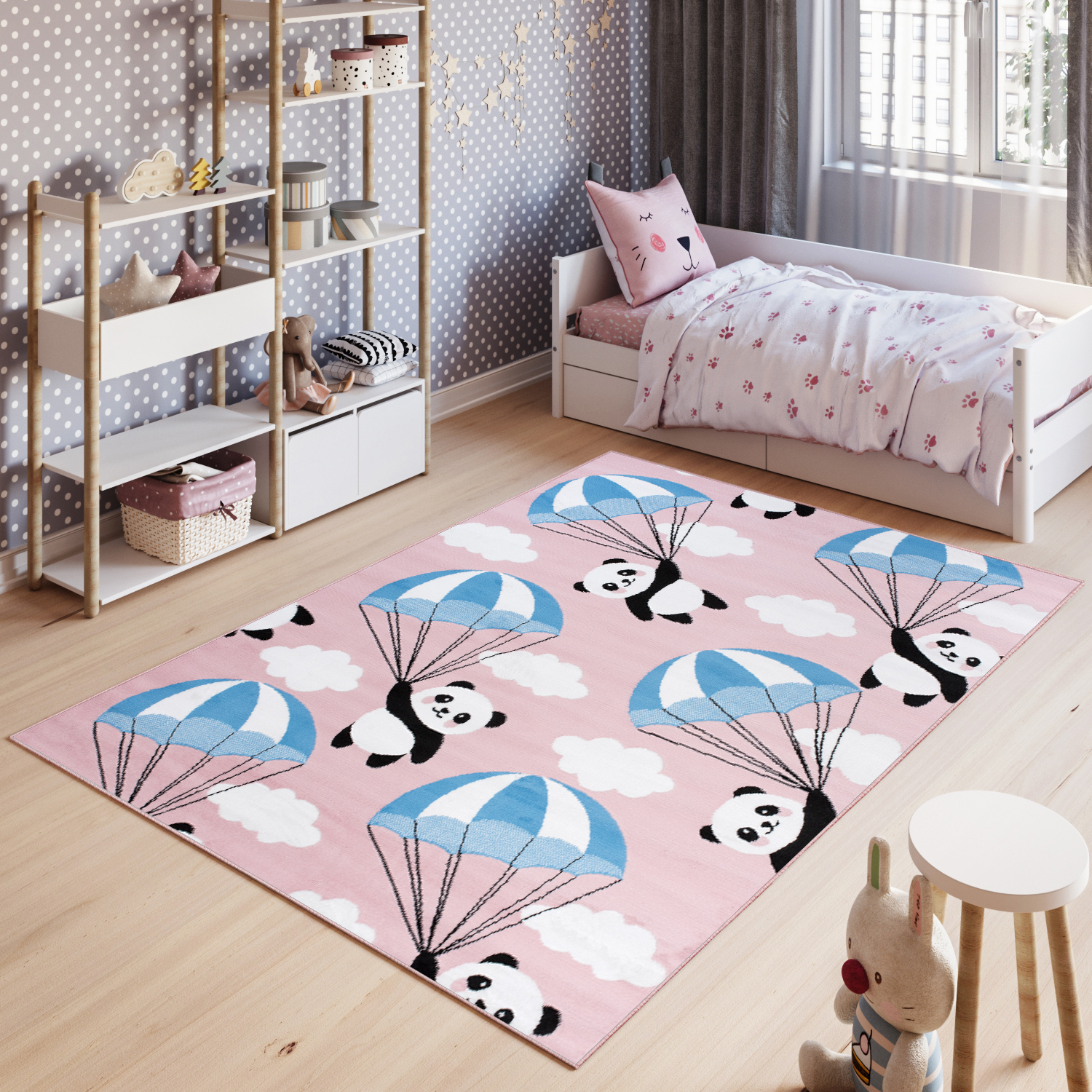 Alfombra infantil de pelo corto rosa gris animales panda habitación infantil fácil de cuidar ECOTEX - Imagen 10 de 17