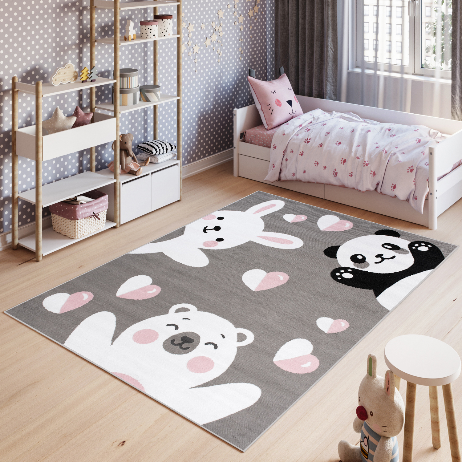Tappeto bambino panda orso motivo rosa grigio nero animali pelo corto cameretta bambini - Foto 2 di 17