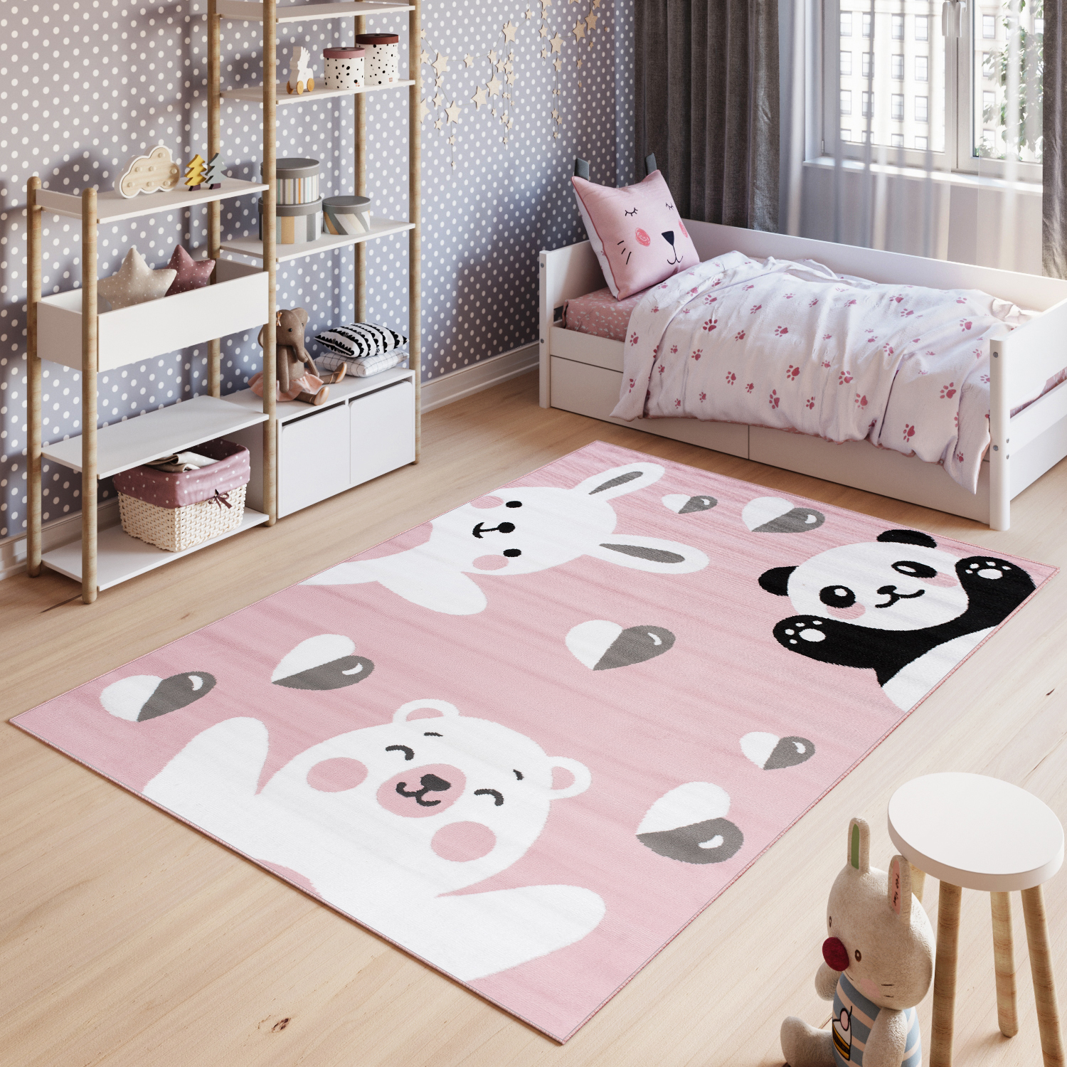 Tappeto bambino panda orso motivo rosa grigio nero animali pelo corto cameretta bambini - Foto 10 di 17