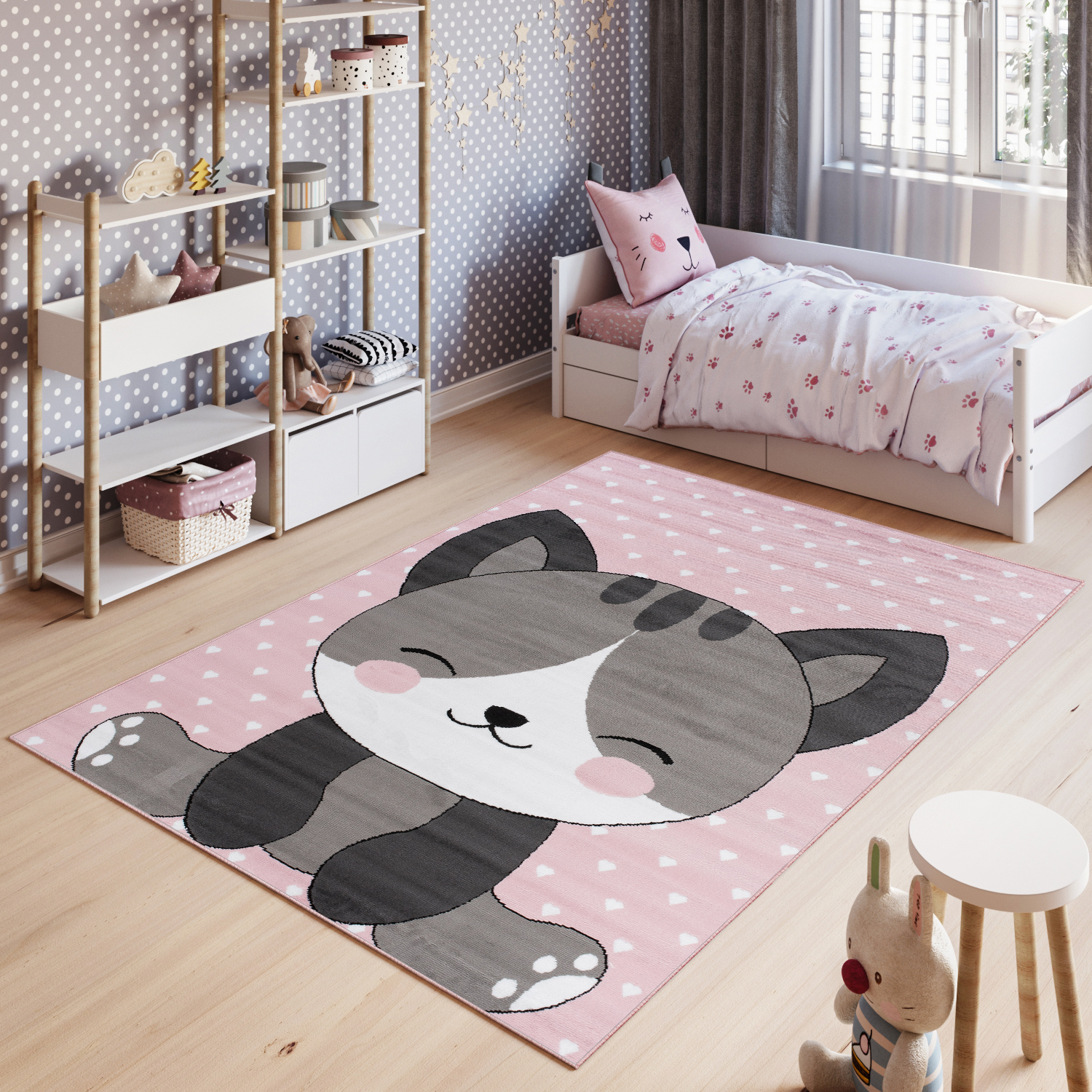 Alfombra infantil patrón de animales de pelo corto oso de peluche gato rosa gris azul sidra - Imagen 10 de 17