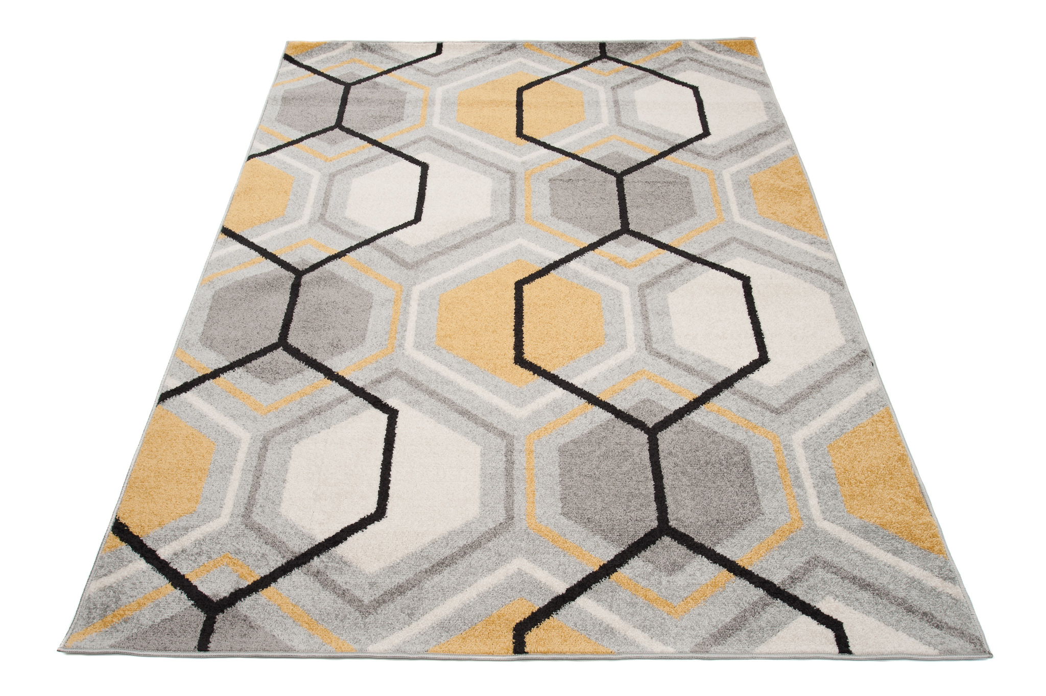 Alfombra salón de pelo corto patrón geométrico moderno gris crema diseño amarillo - Imagen 16 de 17