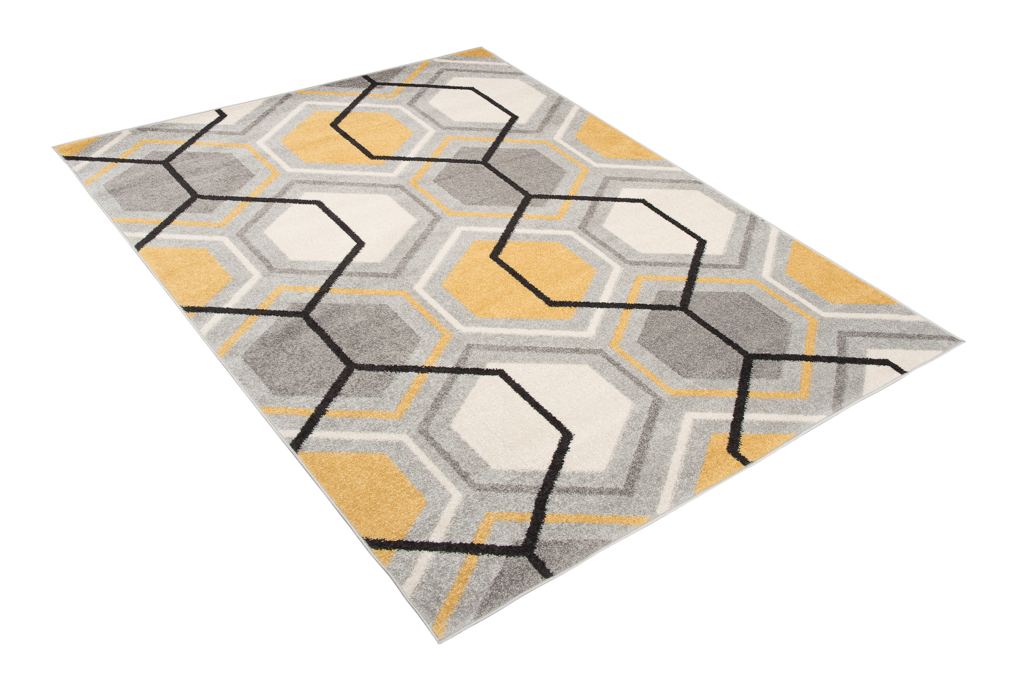 Alfombra salón de pelo corto patrón geométrico moderno gris crema diseño amarillo - Imagen 17 de 17